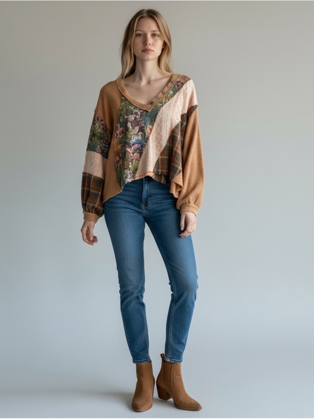 POL Patchwork V-Neck Pullover in Camel & Floral